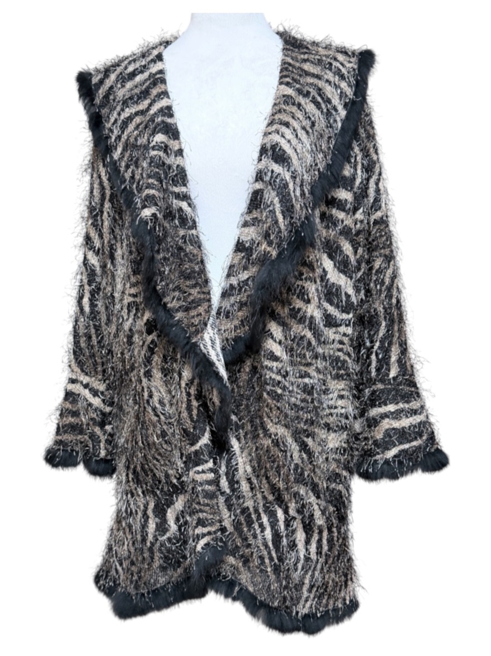 Alberto Makali Zebra Print Fuzzy Eyelash Open Front Cardigan Sheer Lightweight